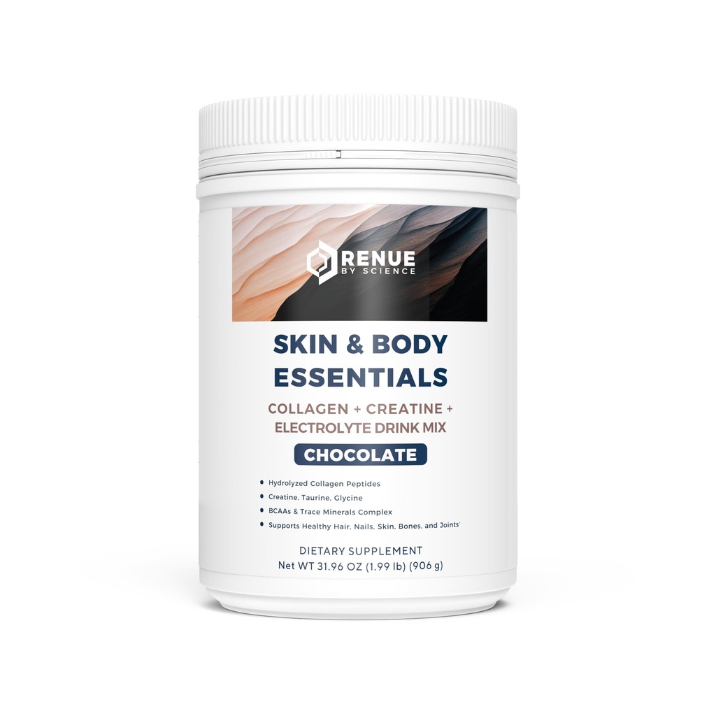 Renue By Science Skin & Body Essentials | Collagen Peptides Electrolytes Creatine & BCAA Powder | Collagen (12g) Creatine Monohydrate (4g) per Serving with Taurine & Glycine | Made in USA - Chocolate