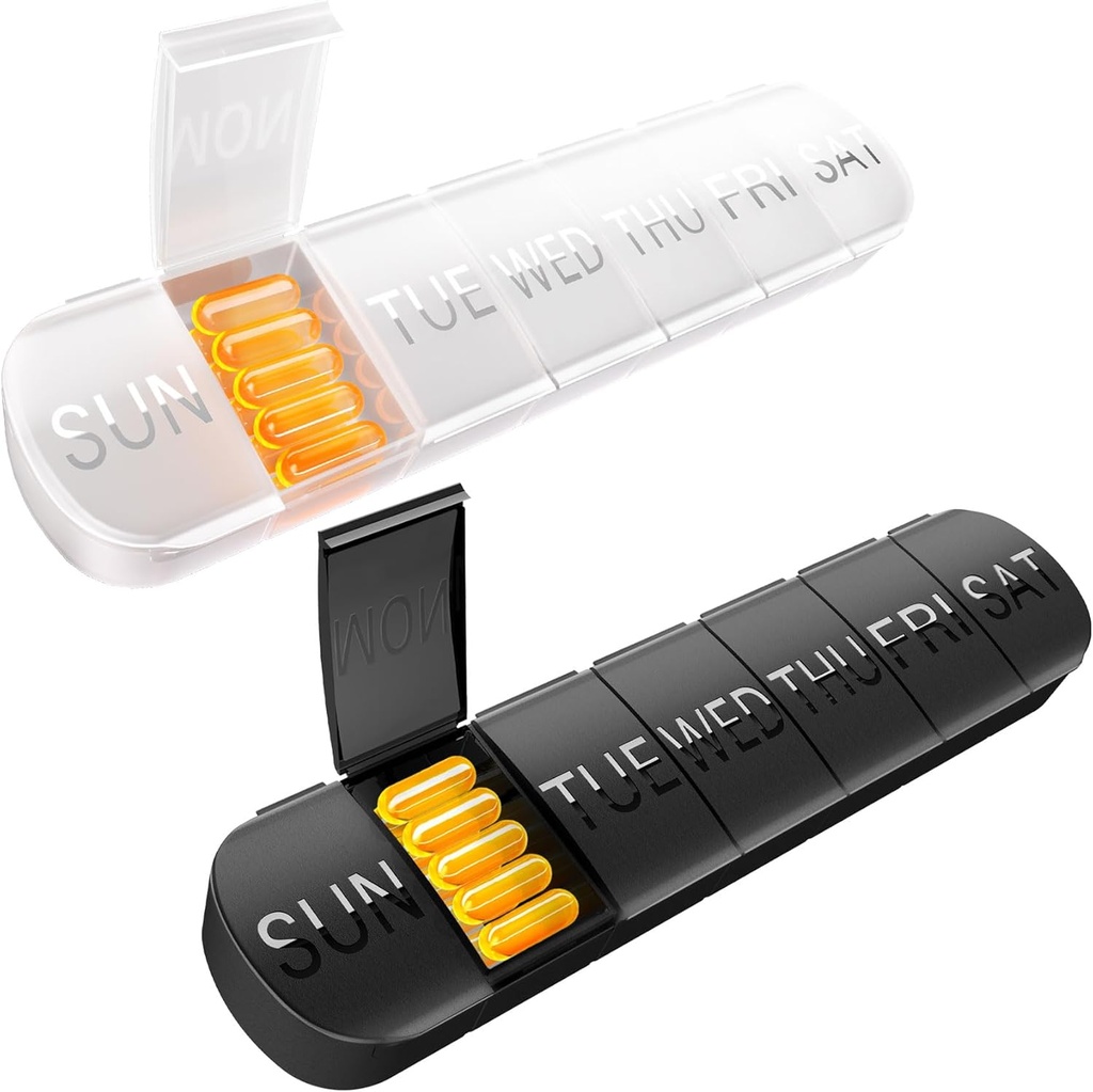 Organisateur hebdomadaire de pilules 2 fois par jour, boîte à pilules de voyage 7 jours Extra gros compartiments Porte vitamine, récipient quotidien de pilules 7 jours XL Distributeur de médicaments pour l'huile de poisson (2PCS noir-blanc)