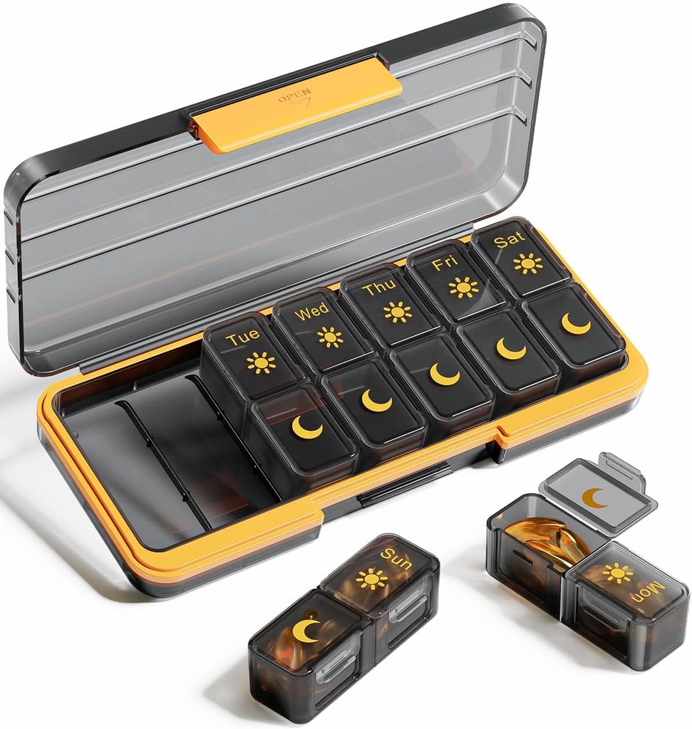 AM PM Pill Organizer 2 fois par jour, 7 jours Pill Box Weekly Pill Organizer Travel with Separate Container, Portable Daily Medicine Planner Dispenser Case for Vitamine, Fish Oils, Supplements(BlackGold)
