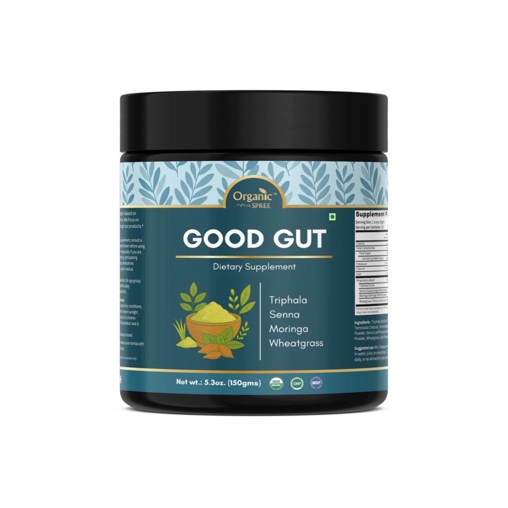ORGANIC SPREE Good Gut Powder – 150 g (5.3oz) | USDA Organic Certified | Ayurvedic Blend of Triphala, Moringa, Wheatgrass & Senna | Supports Digestion & Gut Wellness* (1)
