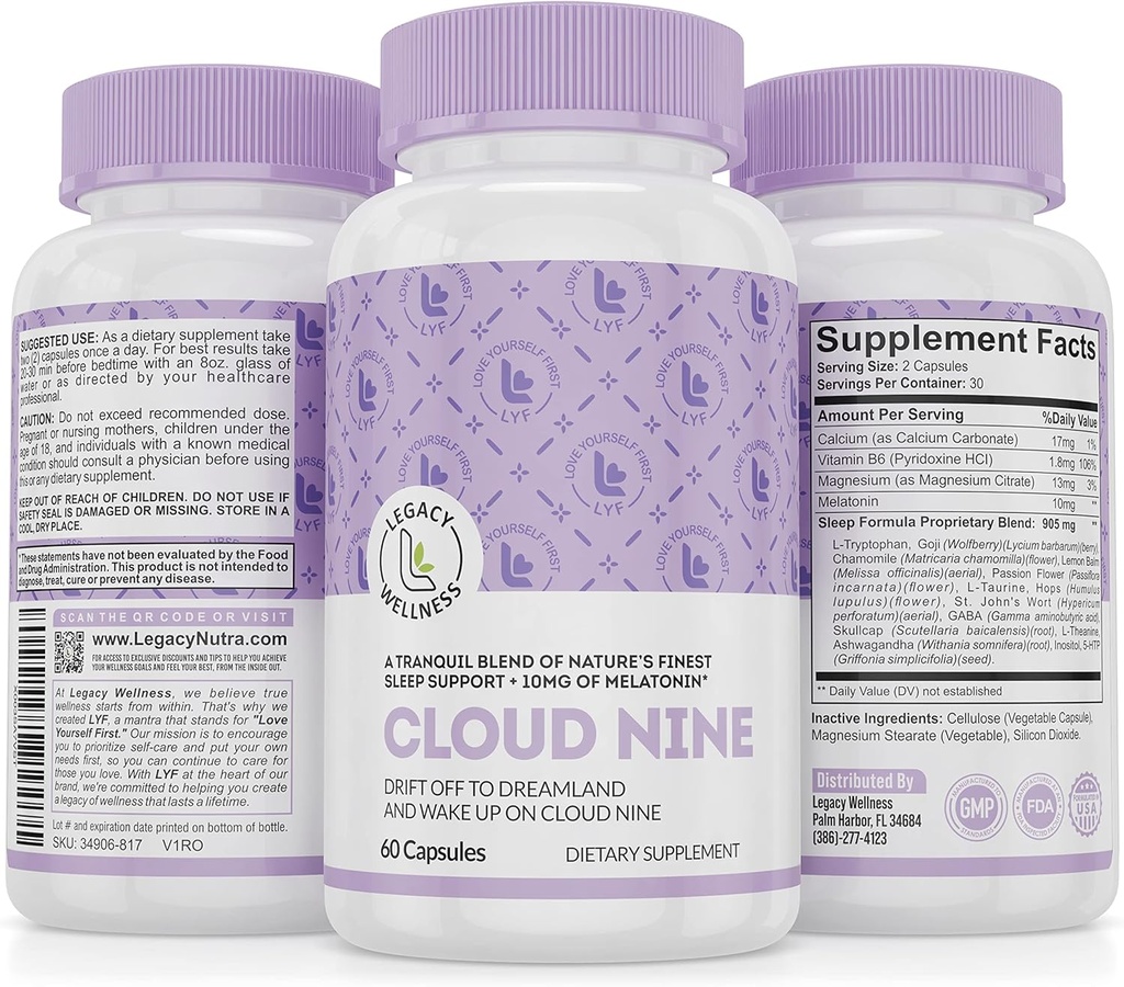 Nuvola 9 - Tutto Natural Sleep Aid Supplement - Rilassante Vitamina & Herbal Formula - 10mg Melatonin Calcium Magnisium L-teanina 5-HTP GABA St. John's Wort Ashwagandha Camomilla & More 60 Vegan Capsule