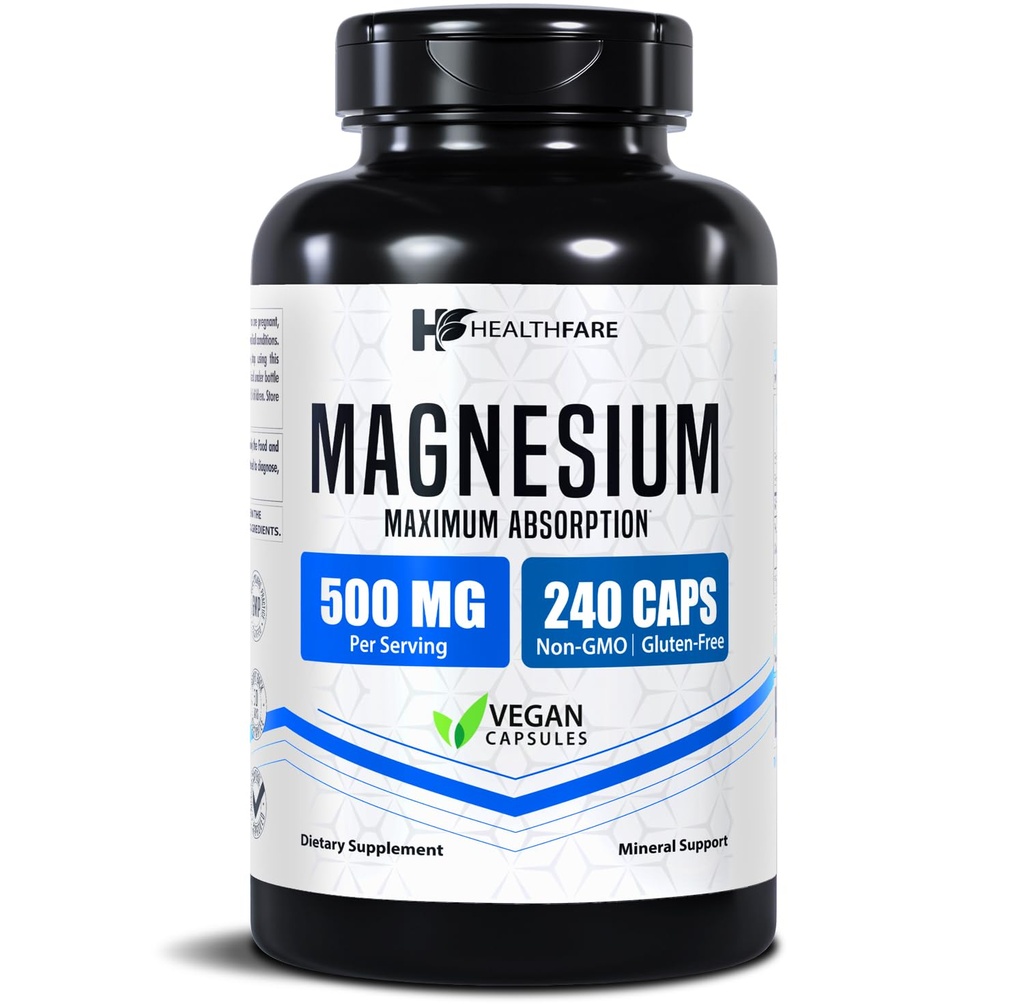 HealthFare Magnesium 500mg | 240 Vegan Capsules | Extra Strength Essential Mineral Supplement | High Absorption Formula | Non-GMO, Gluten-Free | Made in USA