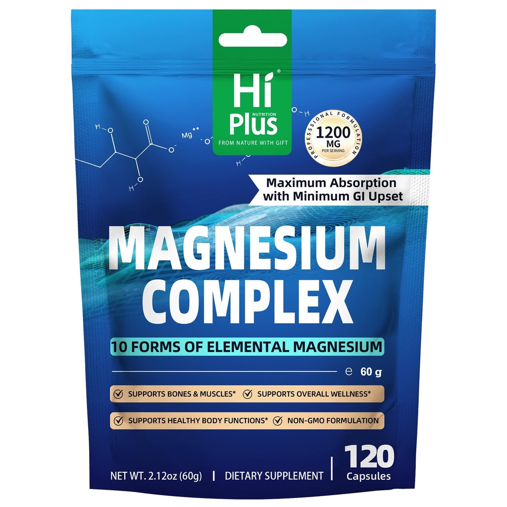 Magnesium Complex Supplement with 10 Forms of Elemental Magnesium, 1200 mg per Serving, Magnesium Glycinate, Citrate, Malate & Taurate, High Absorption Vegan Capsules, Non-GMO