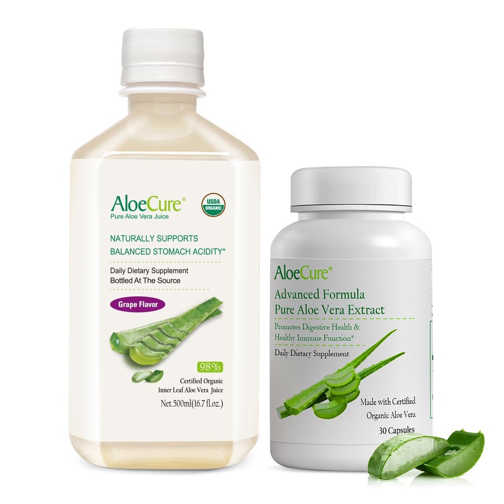 AloeCure Digestion Support Pack - Grape Flavor Aloe Juice 1btl, Aloe Vera Capsules 30 caps