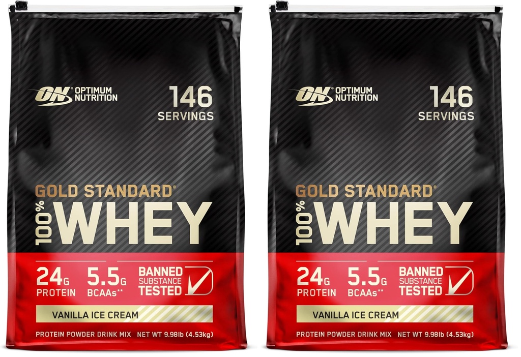 Optimum Nutrition Gold Standard 100% Whey Protein Powder, Vanilla Ice Cream, 10 Pound, (Pack of 2), (Packaging May Vary)