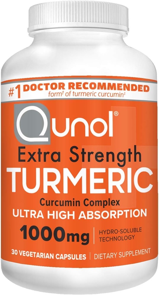 Qunol Turmeric Curcumin Kapseln, 1000mg Extra Strength Supplement, patentierte Hydro-Soluble-Technologie, Alternative zu Kurkuma mit schwarzem Pfeffer, 30 Veggie Kapseln