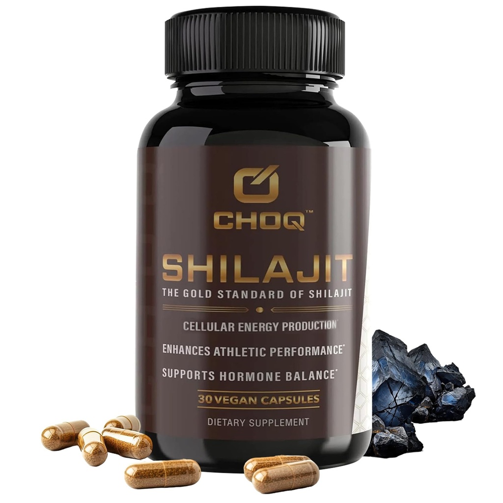 CHOQ® Shilajit - Oltre 50% acido Fulvico, 500 mg capsule vegane, energia, cervello, messa a fuoco, collagene, ormoni, funzione mitocondriale, Urolitina A, Lab-Tested