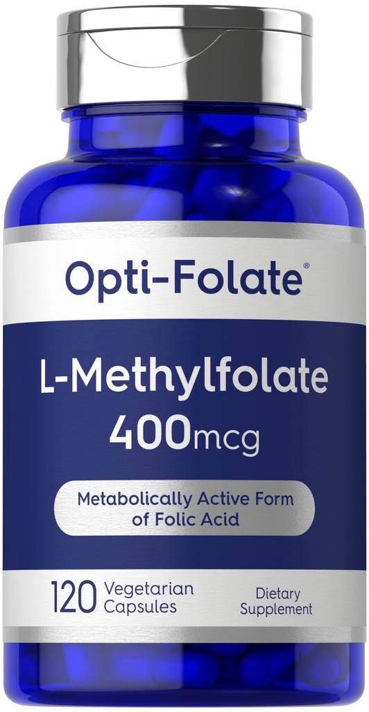 Carlyle L Methylfolate 400 mcg. 120 Capsules végétariennes Adaptées et activées Methylfolate Exclusivement sans OGM et sans gluten Exclusivement par Opti-folate