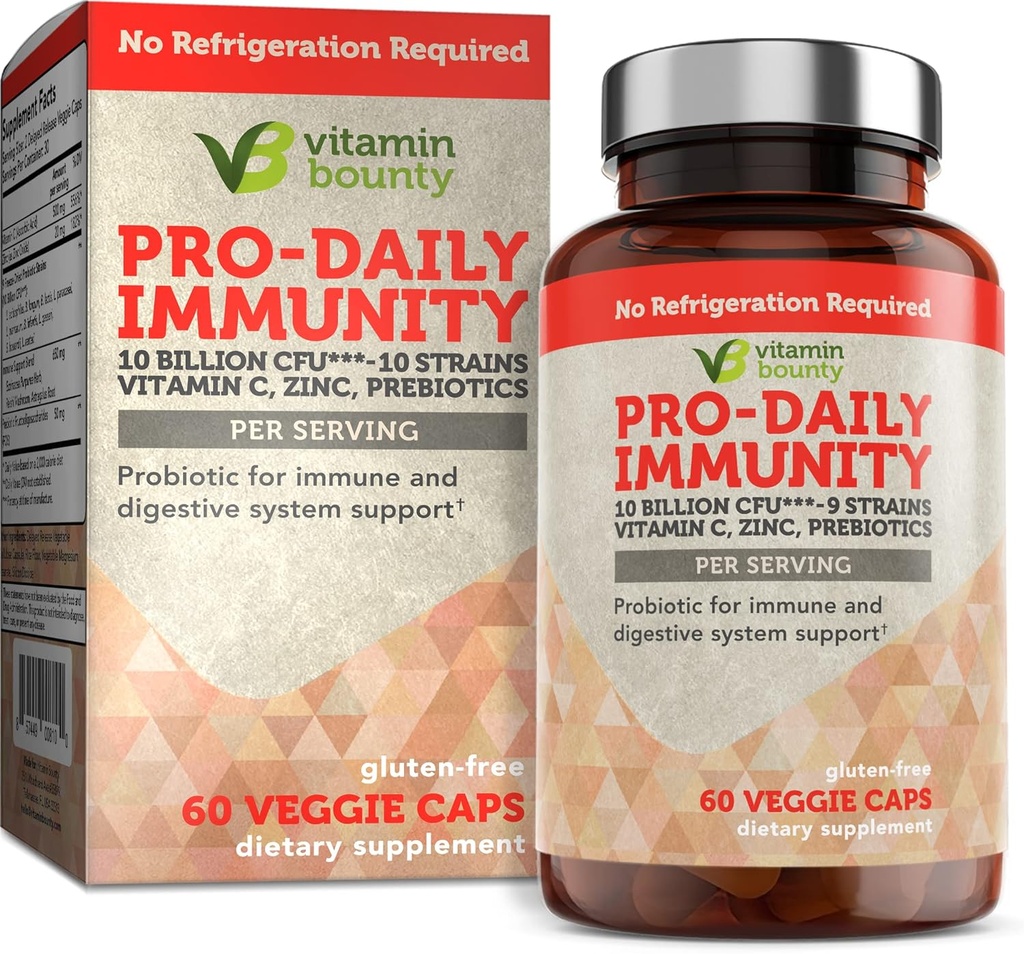 Vitamine Bounty Pro-Daily Probiotic - 10 milliards d'UFC Mélange, zinc et vitamine C pour la santé digestive, le soutien immunitaire Prébioitcs et probiotiques pour les femmes et les hommes - 60 capsules