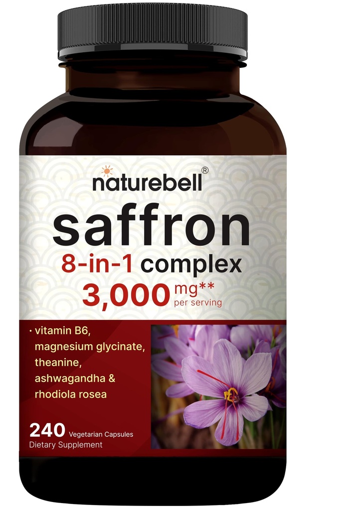 NatureBell Saffron 8-in-1 Complex, 240 Vegetarian Capsules – Saffron Supplement with Ashwagandha, L-Theanine, Rhodiola Rosea – Made for Men and Women – Non-GMO, cGMP Manufactured