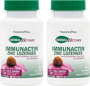 NaturesPlus Herbal Actives ImmunActin - 60 Lozenges di zinco, Confezione da 2 - Gusto di ciliegie selvatiche - Supporta la salute immunitaria - con Echinacea, Elderberry & Olive Leaf - Gluten Free - 120 Total Servings