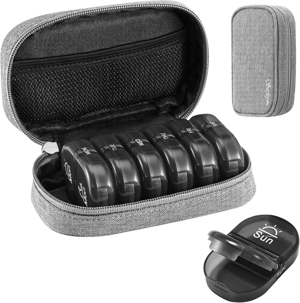 Serfeymi Organizzatore di viaggio settimanale 2 volte al giorno AM ha aggiornato la scatola di pillole nere 7 giorni con la custodia portatile della pellame di tela della cerniera, organizzatore di medicina per le pillole, vitamine, integratori, olio di pesce - grigio 01