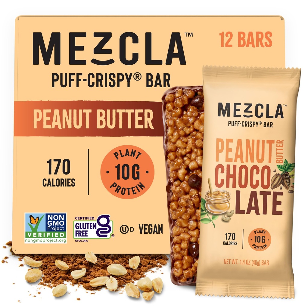 Mezcla Puff Crispy Protein Bars, Gluten Free & Vegan Protein Bars, 10g Protein, Alt für Crispy Rice Treat, Granola Bars & Breakfast Bars, Gesunde Snacks für Erwachsene, Peanut Butter Chocolate, 12 Pack