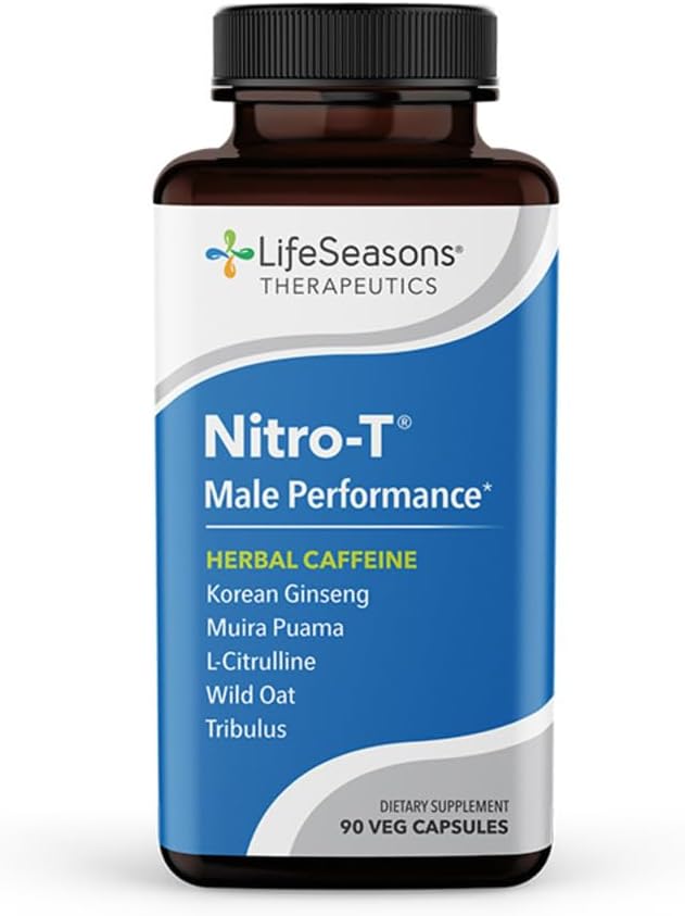 LifeSeasons Nitro-T - Men's Performance Support Supplement - Stamina & Energy verbessern - Gesunde Blutzirkulation fördern - L-Citrulline L-Theanine Tribulus Ginger Kava & Caffeine - 90 Kapseln