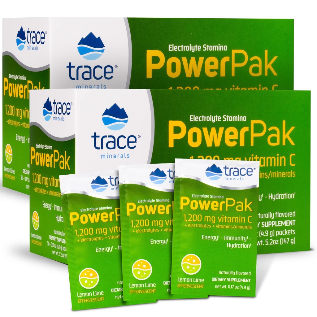 Trace Minerals | Power Pak Electrolyte Powder Packets | 1200 mg Vitamin C, Zinc, Magnesium | Boost Hydration, Immunity, Energy, Muscle Stamina | Lemon Lime | 60 Packets