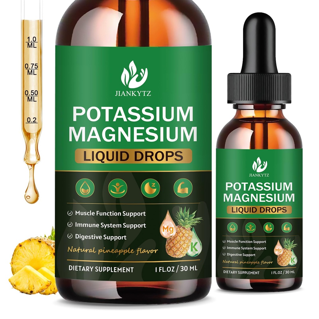 (2 Pack) Supplément de magnésium de potassium pour la santé immunitaire et le soutien musculaire, haute absorption, complexe triple magnésium avec glycinate, taurate, citrate et potassium, saveur d'ananas, 1 Fl Oz