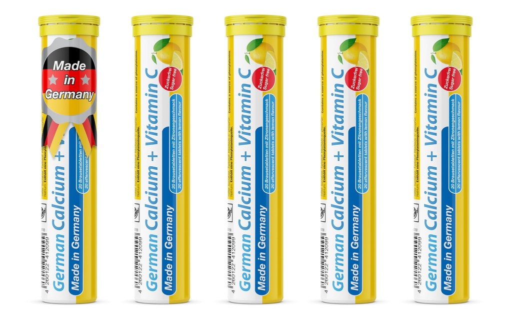 German Calcium + VIT. C - 100 Vegan Drink Effervescent Tablets - Lemon Lime Flavor - Made in Germany | Boost immunity & bone health with fast-dissolve, plant-based, refreshing citrus vegan effervescent tablets.