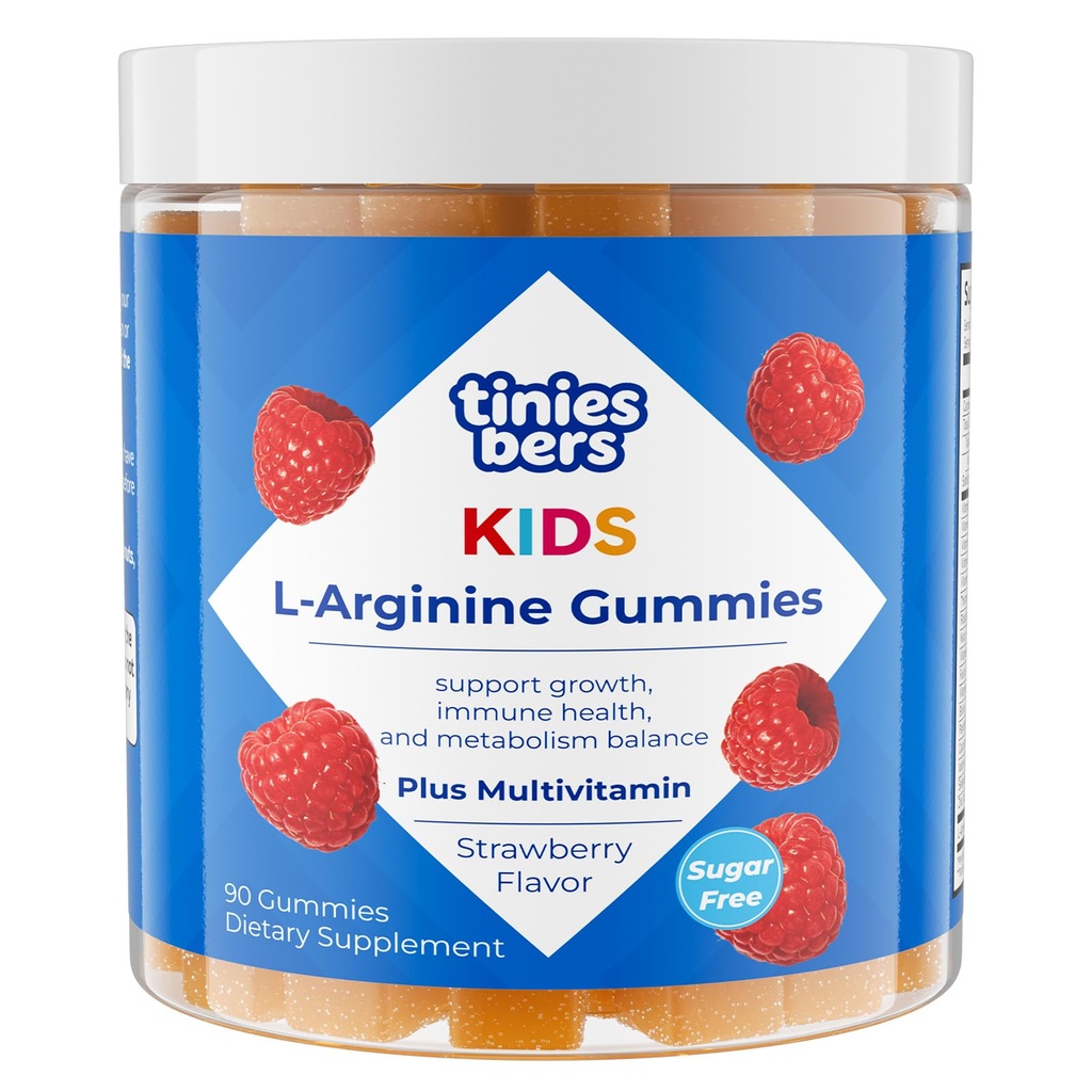 Tinies bers L-Arginine Gummies for Kids & Teens, 1000mg L-Arginine with Multivitamins, Methyl B12, Daily Growth Support, Immune Health, Metabolic Balance, Vegan, Pectin, Strawberry, Sugar Free, 90