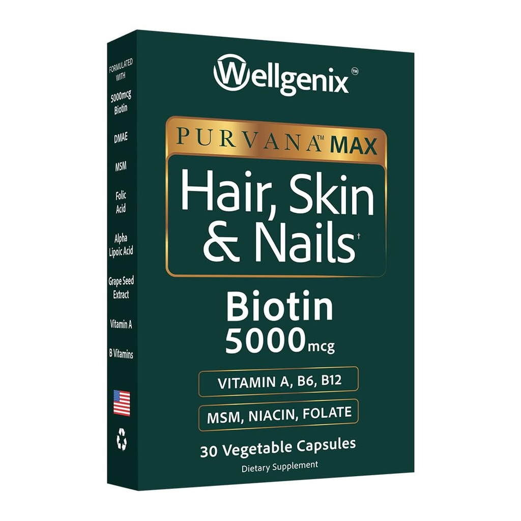 Wellgenix Purvana Max Haar, Haut, und Nägel Vitamin - Doppelfest Biotin 5000 MCG, VIT A & B, Folsäure, Traubensaftextrakt - Haarunterstützungsergänzung -30 Kapseln (Pack von 1)