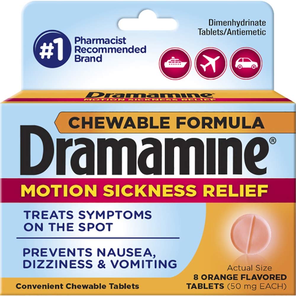 Dramamine Chewable Formula Motion Sickness Relief, 8 Orance Flavored Tablets