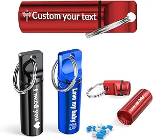 2Pcs Porte-clés Pill Holder, Personnalisation Grande capacité Imperméable Pill Organizer Pill Container Custom Petite Pill case avec texte pour les cadeaux de voyage en camping extérieur (noir)