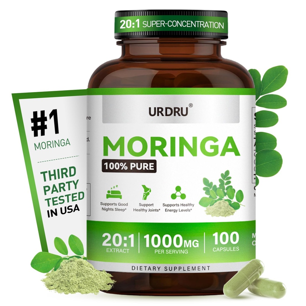 Moringa Capsules 1000mg per Serving, Moringa Oleifera Leaf Extract 20:1, Plant-Based Supplement for Energy & Daily Wellness Support, 100 Capsules