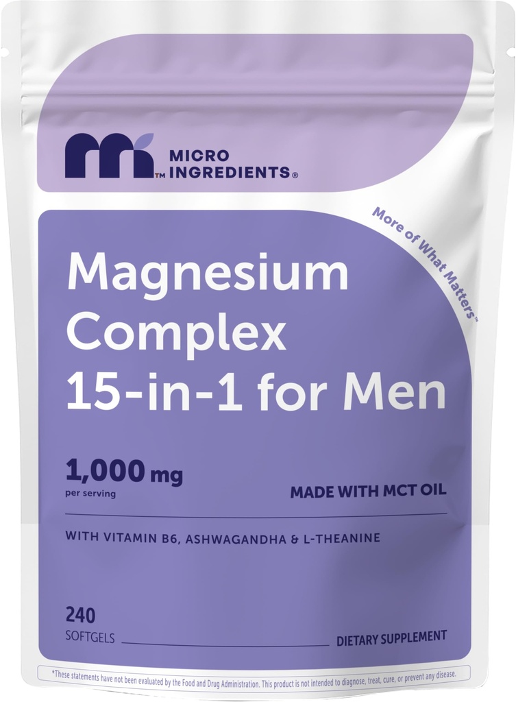 Magnesium Complex 15-in-1 for Men 1,000 mg Per Serving, 240 Softgels | Chelated Glycinate, Citrate, Malate & Taurate + Ashwagandha, L-Theanine & B6 for Stress & Sleep Support*, Made with MCT Oil