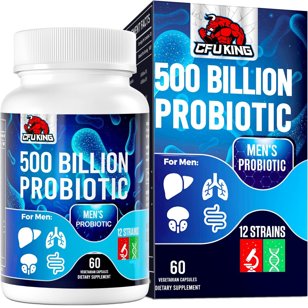 Probiotiques pour les hommes, 500 milliards CFU et 12 hommes Probiotique pour la santé digestive + 4 fibre prébiotique biologique, pour la santé digestive, Gut, immunitaire, Bloating, gaz, soutien énergétique, plateau stable - 60 capsules