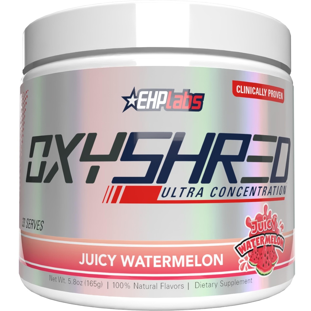 EHP Labs OxyShred Pre Workout Powder - Juicy Watermelon, 33 Servings | Supports Energy, Focus and Endurance with Acetyl L Carnitine and L Glutamine, Thermogenic Formula, Sugar Free, Zero Jitters