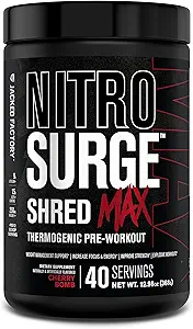 Jacked Factory Nitrosurge Shred Max Preworkout - Polvere pre allenamento termogenica ad alta per uomini e donne con L Citrulline, Acetil L Carnitina, Caffeina organica - 40 Serve, Bomba di ciliegia