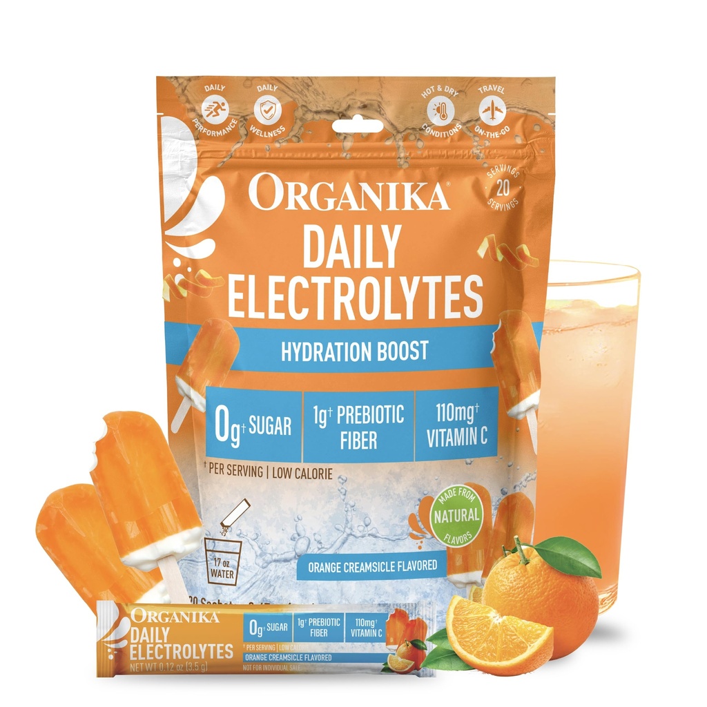 Organika Electrolytes Powder-Orange Cream Sachets- On-the-Go, Sugar-Free Hydration and Electrolyte Replenishment with Prebiotics and Vitamin C- 20 Servings