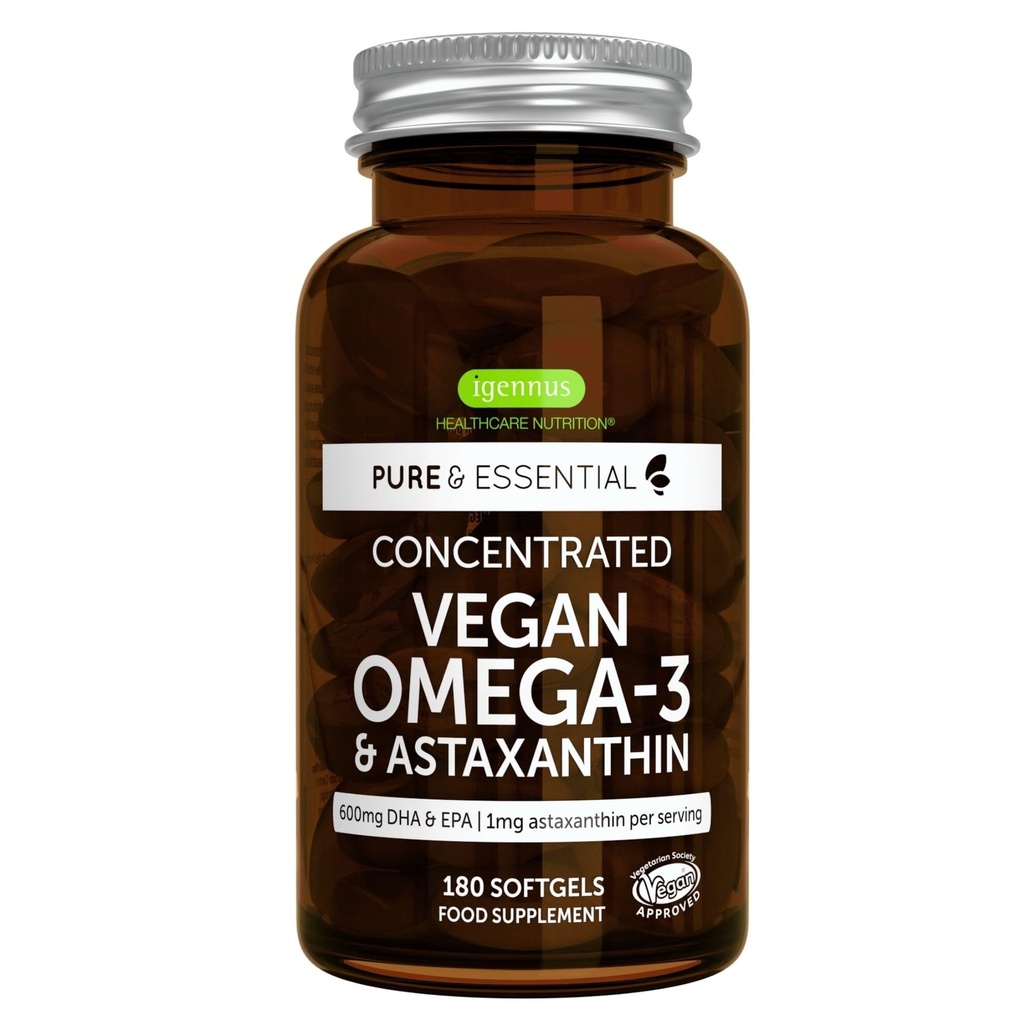 Igennus Vegan Omega-3 Triglycéride naturel Huile d'algues, supplément acide gras DHA & EPA, 180 petits softgels avec astaxanthine, facile à avaler, pur et durable, 90 portions