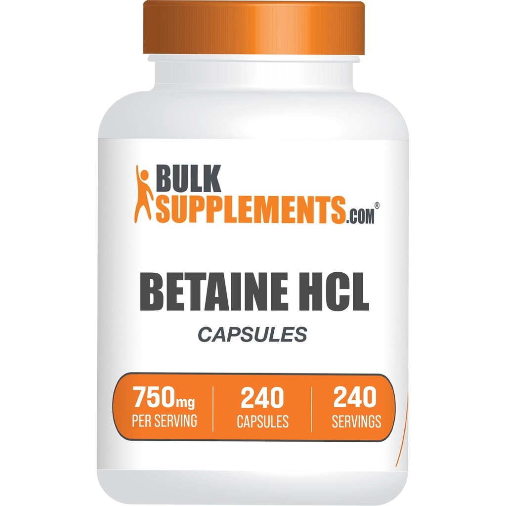 BulkSupplements.com Betaine HCl Capsule - Betaine Hydrochloride Supplemento per il supporto digestivo, Betaine HCl 750mg - Gluten Free, 1 Capsule per Serving, 240 Capsule (Pack of 1)