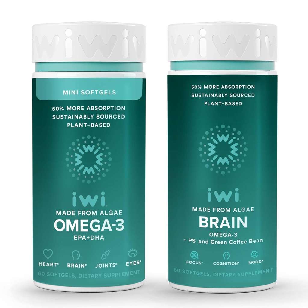 Iwi Omega-3 Minis & Brain Omega-3 Bundle, 30 Servierungen, Vegan pflanzenbasierte Algen Omega 3 mit EPA + DHA, Krill & Fisch Öl Alternative, keine Fishy Nachgeschmack