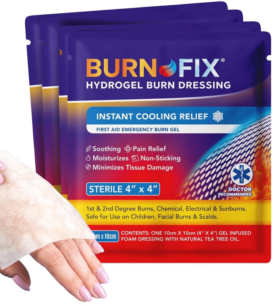 BurnFix® - 4 Pack-Burn Gel Dressing 4 x 4" Burn Care Cream First Aid Treatment. Rilievo immediato dell'idrogeno del dolore Vestito di combustione per 1 °, 2 ° masterizzatori di grado, Razor & sunburns per casa, lavoro, fuoco, SME