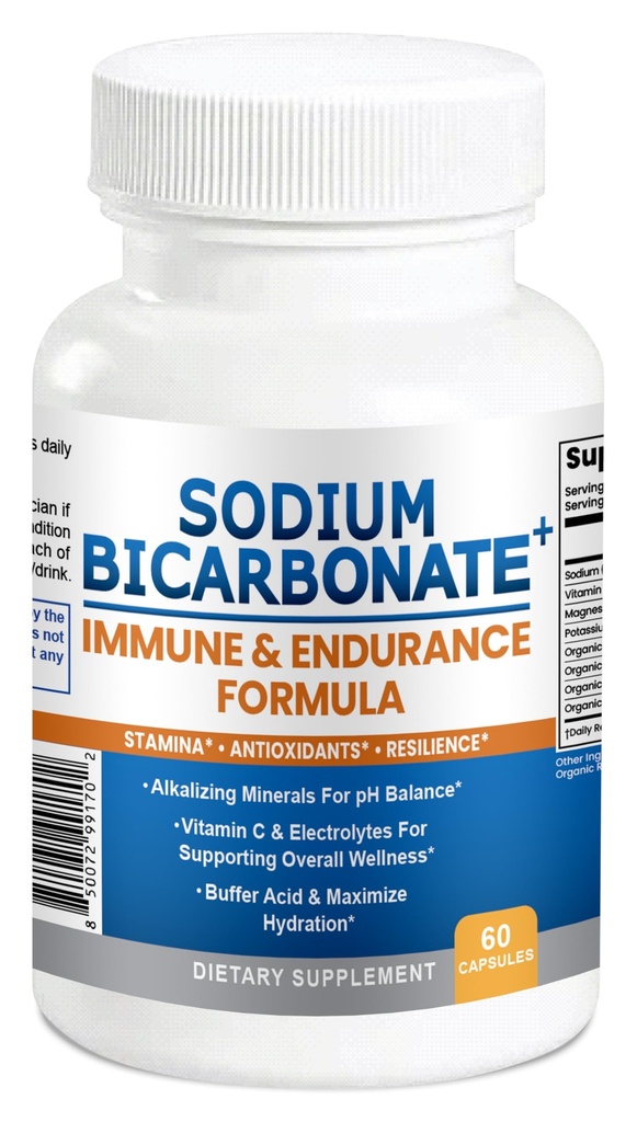 Sodium Bicarbonate+ Immune & Endurance Formula w/Baking Soda Aluminum Free, Potassium, Magnesium, VIT C & Superfoods. Organic Use Sodium Bicarbonate Capsules Pills 120 Count