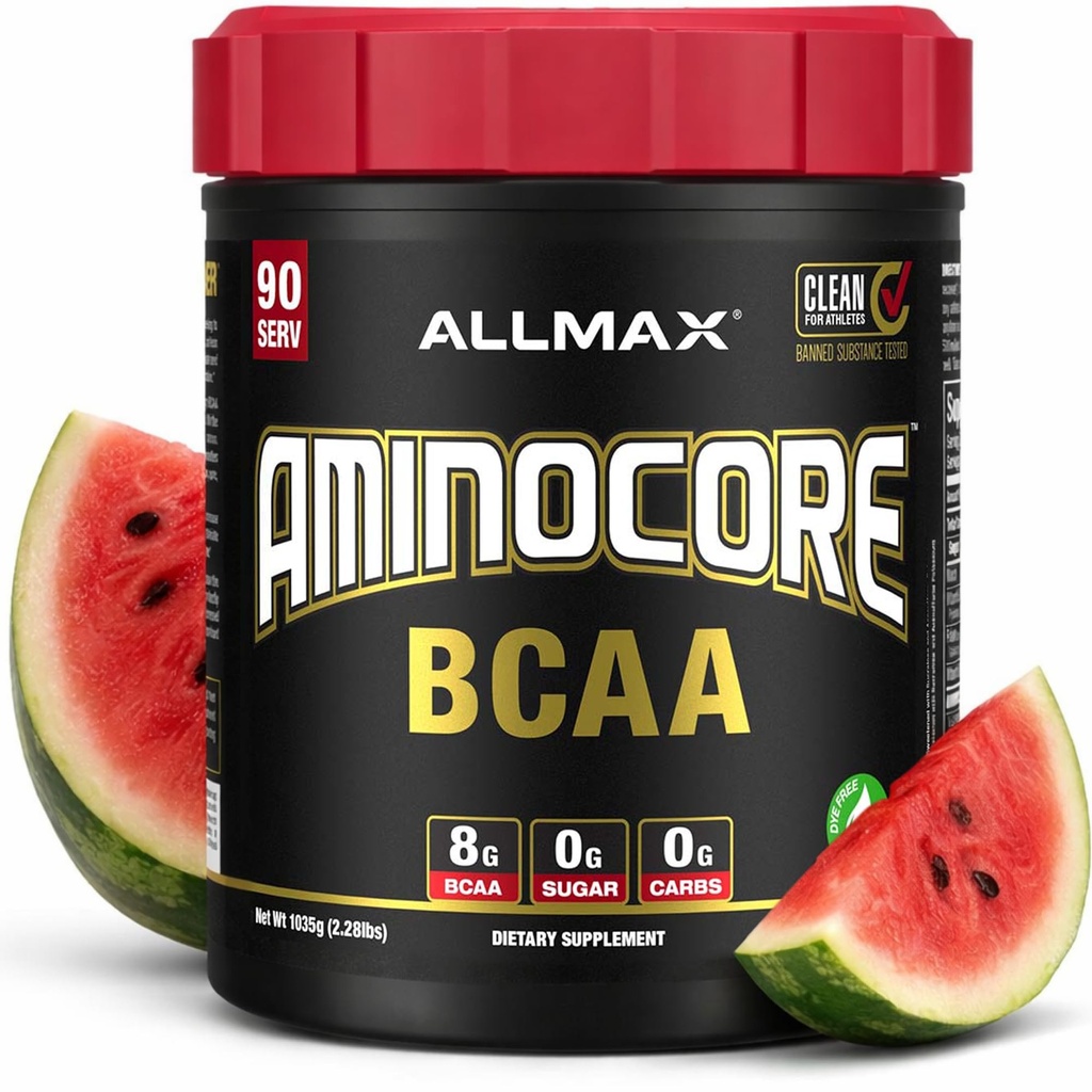 ALLMAX Nutrition AMINOCORE BCAA Poudre, 8.18 Grams d'acides aminés, boisson de récupération intra et post-entraînement, sans gluten, pastèque, 945 g