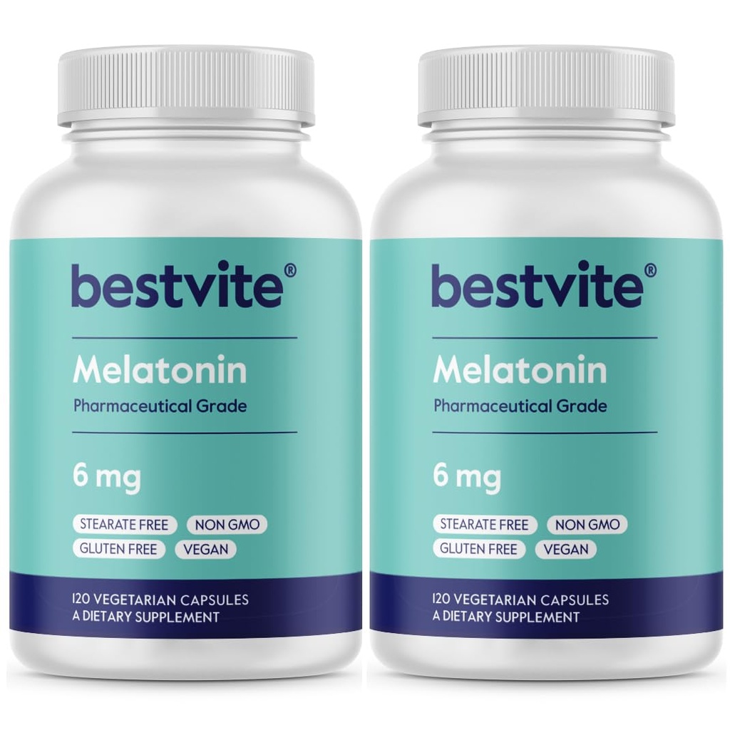 BESTVITE Melatonin 6mg (240 vegetarische Kapseln) (120 x 2) - Keine Stearaten - Vegan - Non GMO - Glutenfrei