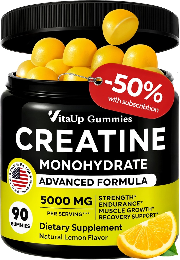 VitaUp Creatine Monohydrate Gummies for Men & Women - USA Made Monohydrate Creatine for Men 5000mg Per Serving - Supports Energy Levels, Training Endurance & Muscle Performance - 90 Gummies