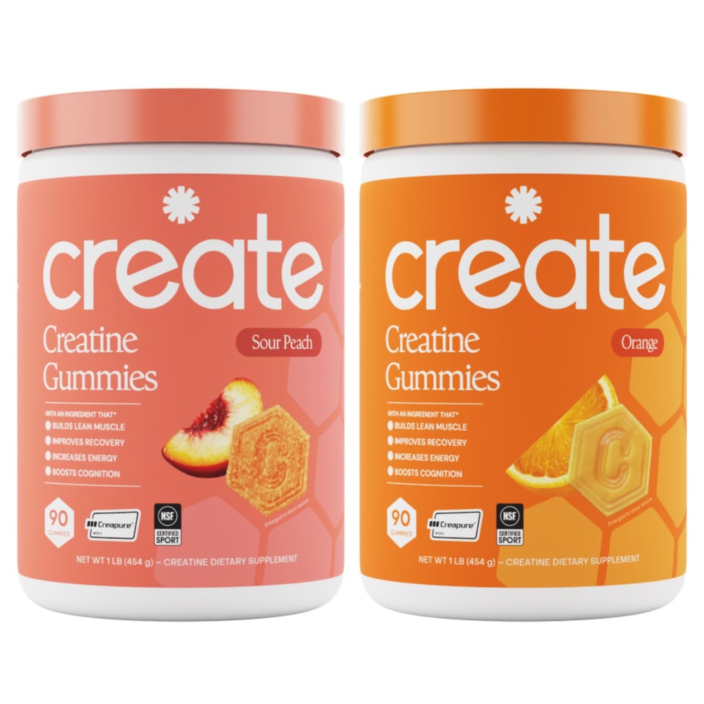 Create Creatine Monohydrate Gummies - Peach Sunrise Duo - Sour Peach & Orange - Creatine Gummies for Women & Men, NSF Certified, 3rd Party Tested, Anti-Melting Formula, 180 Count (2-Pack)