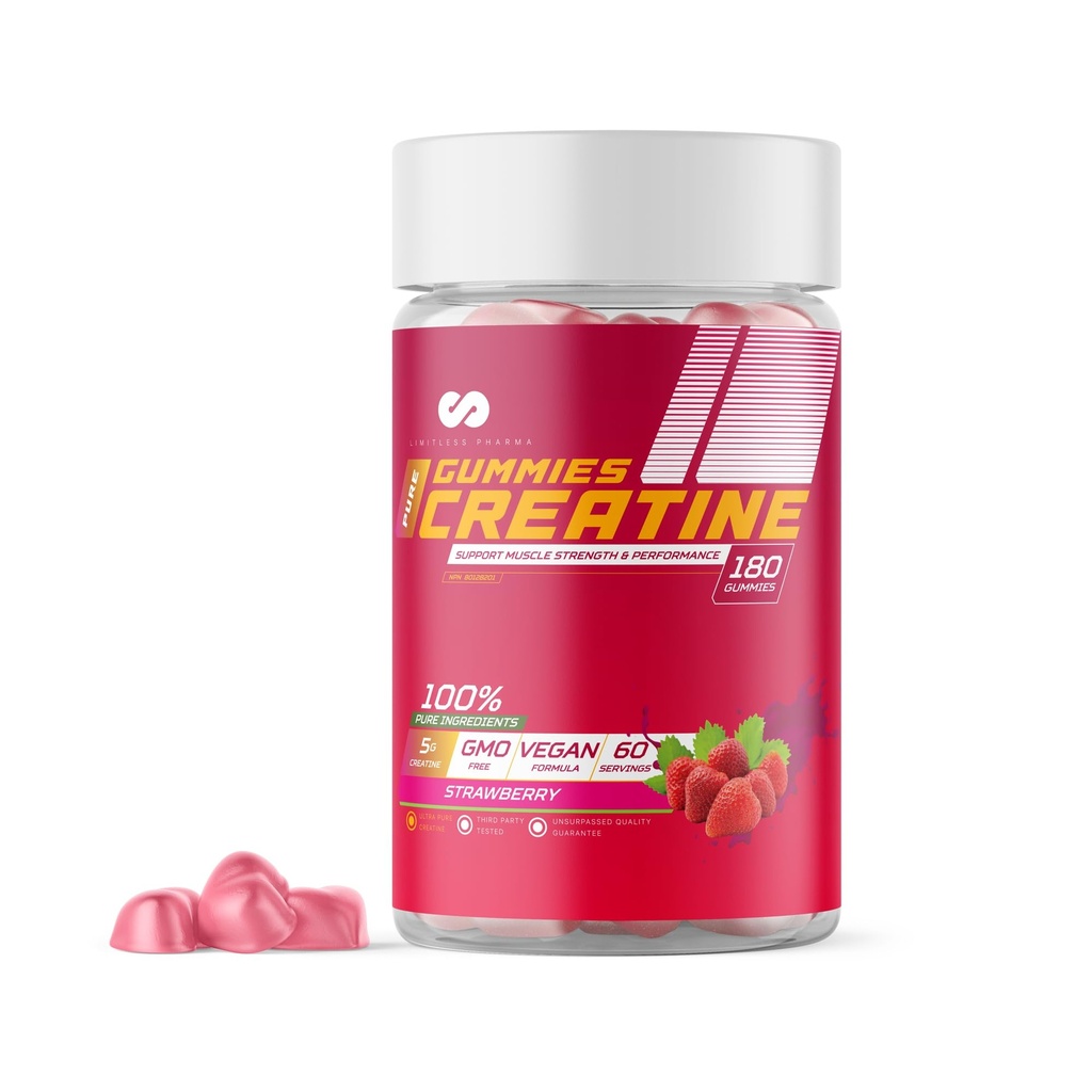 Limitless Pharma Pure Creatine Gummy Candy | 5g Creatine Monohydrate | Muscle, Strength, Endurance & Performance | Low Sugar, GMO Free, Vegan | 60 Servings, 180 Gummies (Strawberry)