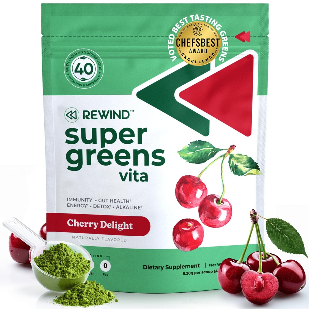 Meilleures Dégustation de poudre Super Greens avec 40+ Superfoods – Delicious Daily Green Poudre avec Vitamine B12, Zinc, Vitamine C, Magnésium et Calcium – Mélange de jus vert Superfood - Saveur de cerise
