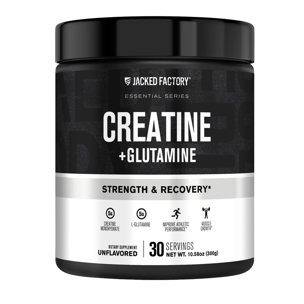 Jacked Factory Creatine + Glutamin - Kreatin-Ergänzung mit L-Glutamin für Muskel-Recovery, Muskel-Wachstum, Erhöhte Stärke, Enhanced Energy Output und Gut Health - 30 Portionen, Unflavored