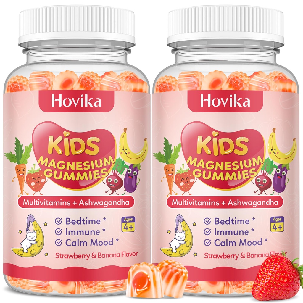Magnesium Glycinate Gummies for Kids - Kids Magnesium Gummies, with L-Theanine, Chamomile & Multivitamins for Sleep, Calm & Focus - Strawberry Banana Center-Filled Gummies 60 ct (2 Pack)
