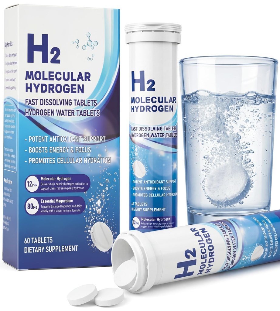Hydrogen Water Tablets with Magnesium, 12PPM H2 Molecular Hydrogen Tablets for Drinking Water, Mineral Supplements for Focus, Energy Boost, Healthy Aging, 60 Count 2 Month Supply