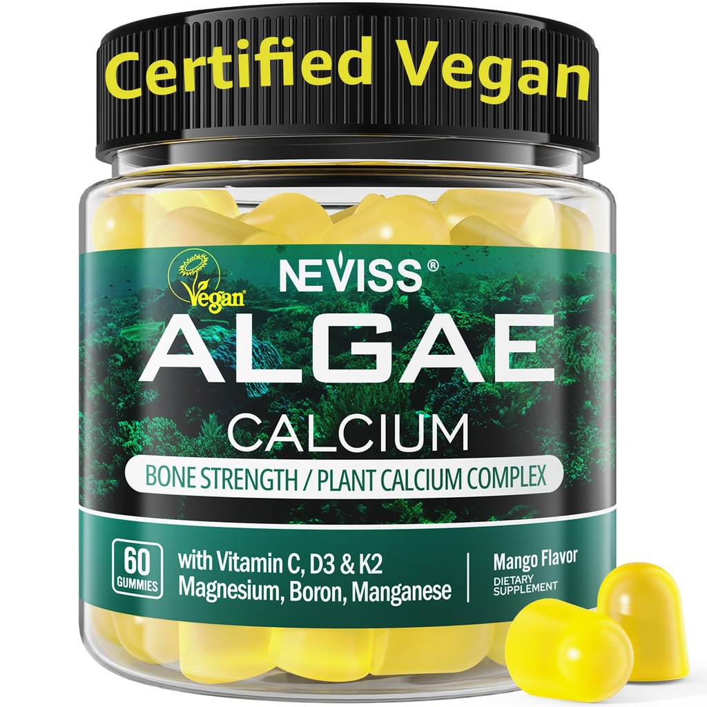 Calciumgummis für Frauen + Magneisum Vitamin D3 K2, C, Zink, Boron, Nachhaltige Algen (3. Partei getestet) für Knochenstärke, Nerve, Calcium Absoption, Zuckerfreie Kalziumergänzung, Vegan, 60 Zähler