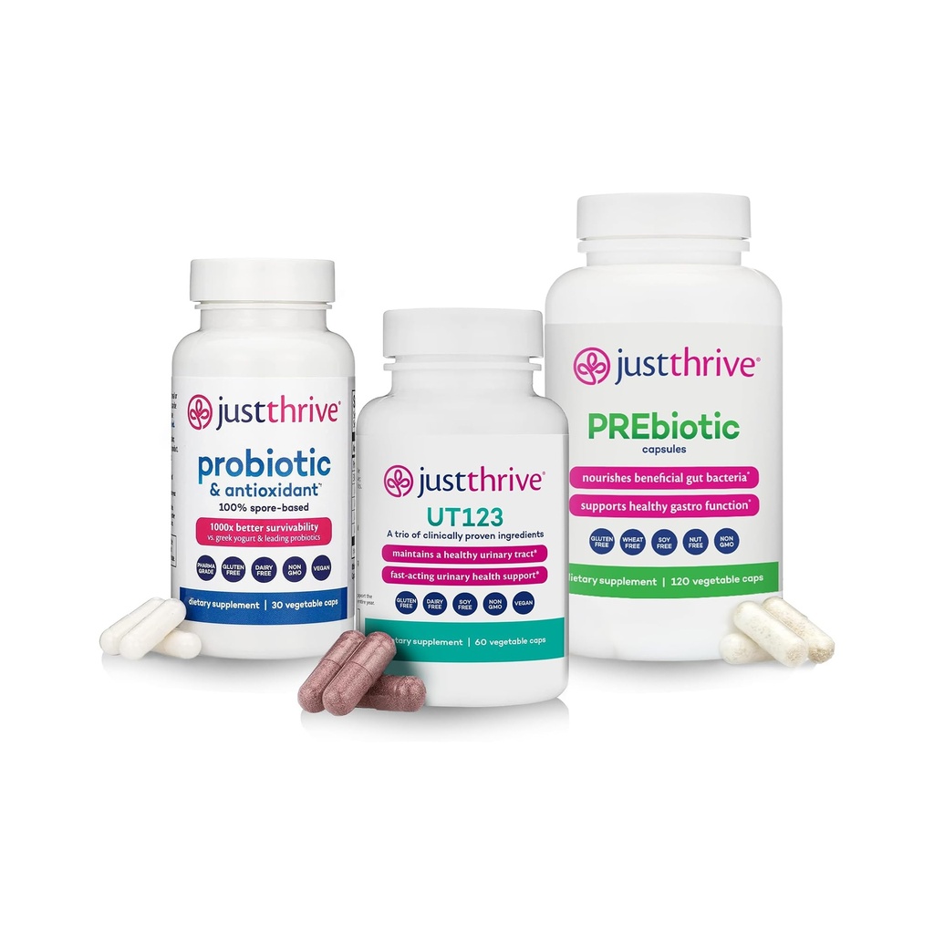 Just Thrive Probiotic 30 Caps, UT123 60 Caps, and PREbiotic 120 Caps Bundle, Women's Wellness Stack for Gut Health, Urinary Tract Support, and Immune Defense