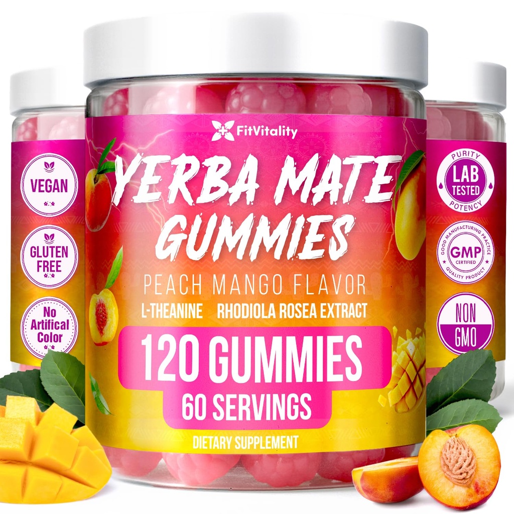 120 Yerba Mate Gummies – W/ L-Theanine, Rhodiola, Ginseng, Choline, B12. | Peach Mango Flavor. Vegan