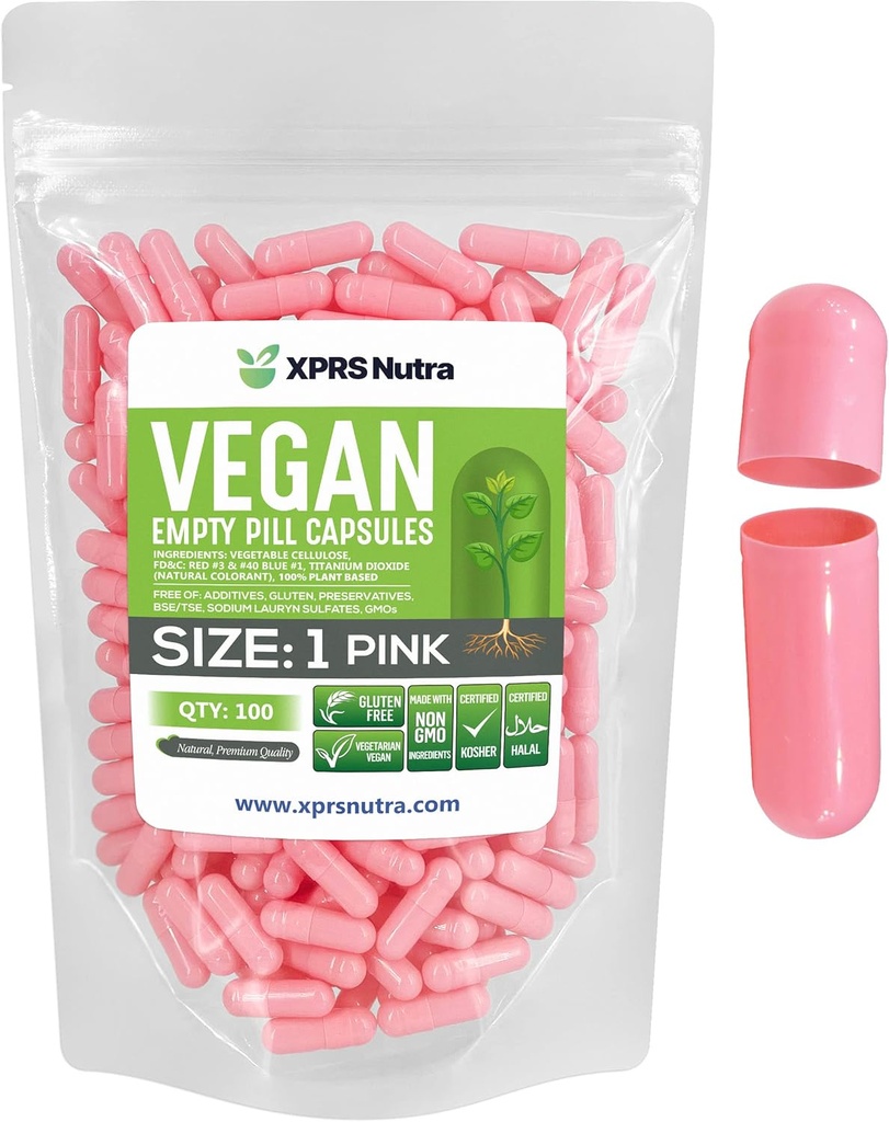 XPRS Nutra Größe 1 Leere Kapseln - 100 Count Leere Vegan Kapseln - Vegetarische Pillen - DIY Gemüse Kapsel Füllung- Veggie Pillen Kapseln für Do-It-Yourself Ergänzungen (Pink)