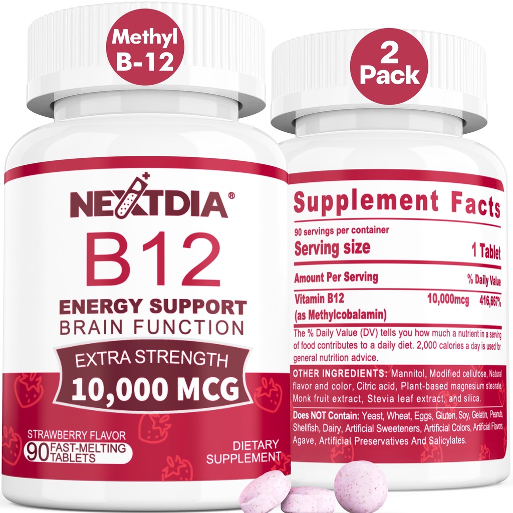 B12 Vitamine 10.000 mcg, Vitamina Methylated B12 Sublingual - Energy Boost, Focus, Metabolism & Brain Health Support, Supporto sistema immunitario, Dissolve veloce, Natural Strawberry Flavor, 180 Serve